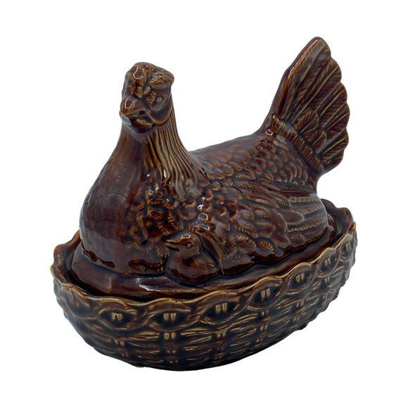 Vintage Portmeirion (?) Ceramic Hen on Nest w/2 Chicks Size 3-Medium MCM Brown - Picture 2 of 13